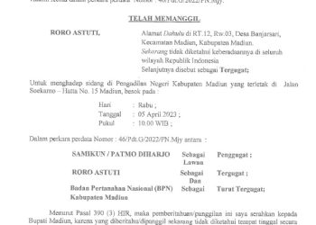 Relass Panggilan Sidang kepada NY.RORO ASTUTI Banjarsari Madiun