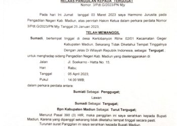 Relass Panggilan Sidang kepada Sumadi Kertobanyon
