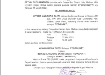 Relass Panggilan Sidang kepada Tn.INTANG ANGGORO SAKTI Dusun Gosong Durenan