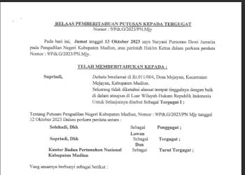 Relass Panggilan Sidang ini kepada TN.SUPRIADI, Desa Mejayan.