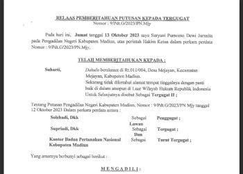 Relass Panggilan Sidang ini kepada NY.SUHARTI, Desa Mejayan.