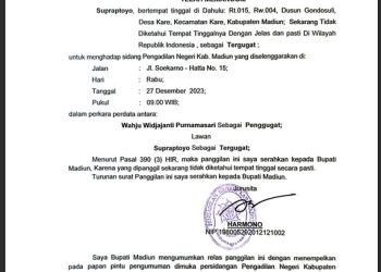 Relaas Panggilan Sidang Kepada Tn.Supraptoyo Desa Kare