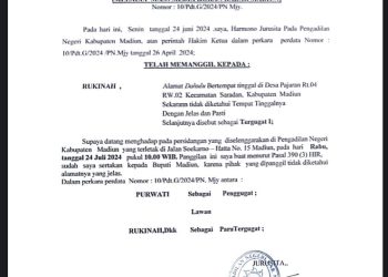 Relaas Panggilan Sidang Kepada Ny. RUKINAH Desa Pajaran Kecamatan Saradan
