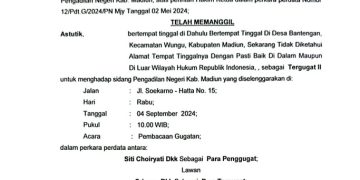 Relaas Panggilan Sidang Kepada Ny. ASTUTIK Desa Bantengan Kecamatan Wungu