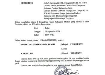 Relaas Panggilan Sidang Kepada Tn.CHRISELSUS Desa Kantor Kec.Delta Pawan Kab.Ketapang Prop.Kalimantan Barat