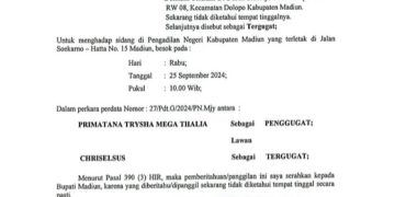 Relaas Panggilan Sidang Kepada Tn.CHRISELSUS Desa Kantor Kec.Delta Pawan Kab.Ketapang Prop.Kalimantan Barat