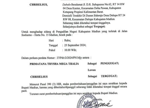 Relaas Panggilan Sidang Kepada Tn.CHRISELSUS Desa Kantor Kec.Delta Pawan Kab.Ketapang Prop.Kalimantan Barat