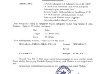 Relaas Panggilan Sidang Kepada Tn.CHRISELSUS Desa Kantor Kec.Delta Pawan Kab.Ketapang Prop.Kalimantan Barat