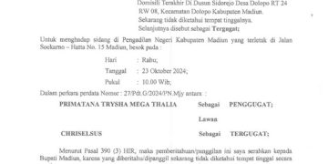 Relaas Panggilan Sidang Kepada Tn.CHRISELSUS Desa Kantor Kec.Delta Pawan Kab.Ketapang Prop.Kalimantan Barat