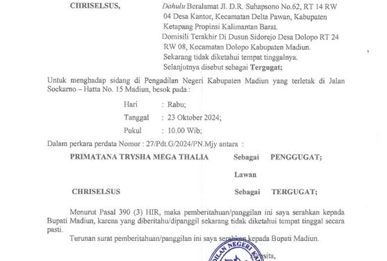 Relaas Panggilan Sidang Kepada Tn.CHRISELSUS Desa Kantor Kec.Delta Pawan Kab.Ketapang Prop.Kalimantan Barat