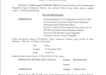 Relaas Panggilan Sidang Kepada Tn.CHRISELSUS Desa Kantor Kec.Delta Pawan Kab.Ketapang Prop.Kalimantan Barat