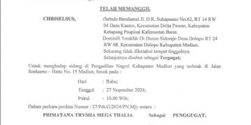 Relaas Panggilan Sidang Kepada Tn.CHRISELSUS Desa Kantor Kec.Delta Pawan Kab.Ketapang Prop.Kalimantan Barat
