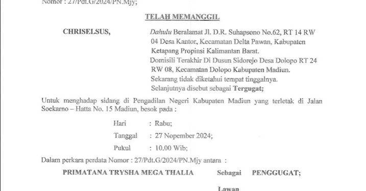 Relaas Panggilan Sidang Kepada Tn.CHRISELSUS Desa Kantor Kec.Delta Pawan Kab.Ketapang Prop.Kalimantan Barat