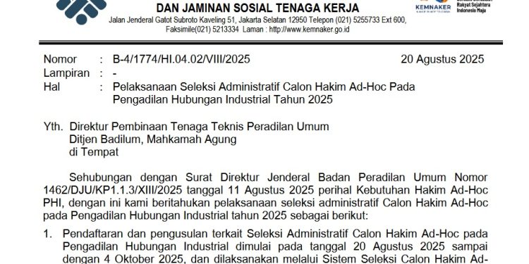 Pelaksanaan Seleksi Administratif Calon Hakim Ad-Hoc Pada Pengadilan Hubungan Industrial Tahun 2025