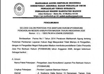 PENGUMUMAN PENGADAAN JASA KONSULTASI LAYANAN POS BANTUAN HUKUM (POSBAKUM) PENGADILAN NEGERI KABUPATEN MADIUN TAHUN ANGGARAN 2026